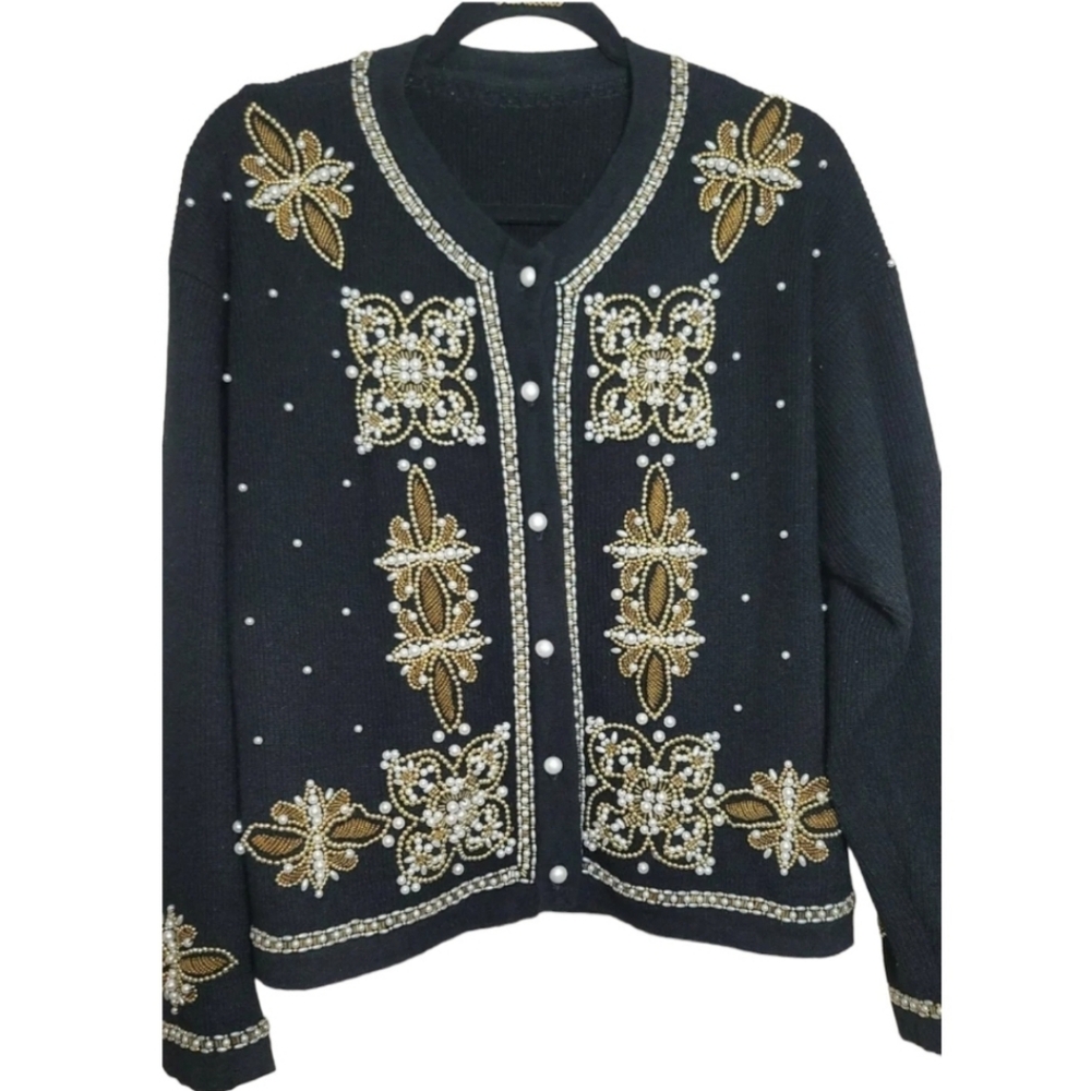 Vintage Beaded Women's Sweater Button Down Pearl Lamb's Wool Black Beaded